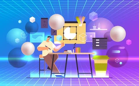 Designer in virtual reality glasses drawing with pen in graphic editor man Stock Illustration