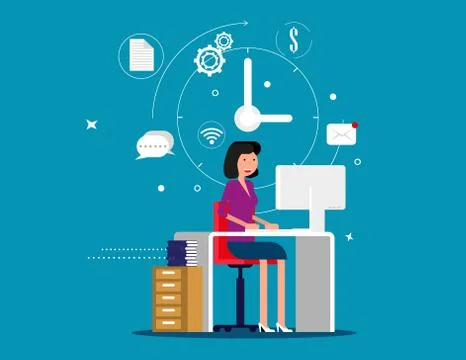 Designer woman working with creative process icons on background. Concept des Stock Illustration