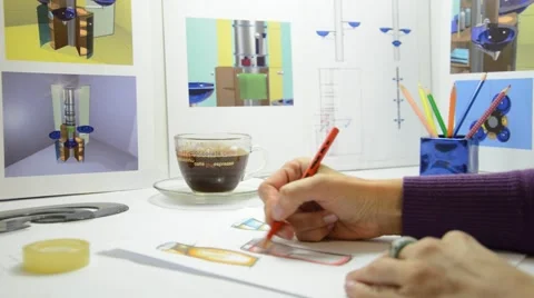 Designer at work drawing new design, coffe time Stock Footage 41761406
