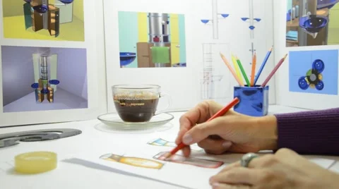Designer at work drawing new design, coffe time Stock Footage 41761467