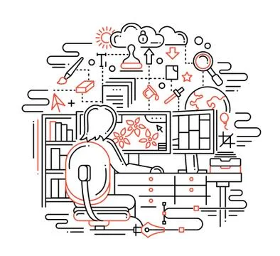 Designer at work - line design illustration Stock Illustration