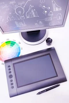 Designer working desk filled with computer,pen tablet Stock Photos