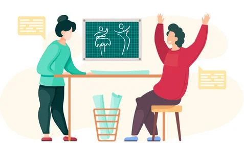 Designer working with a pattern. Colleagues communicate in the studio. Guy Stock-Illustration