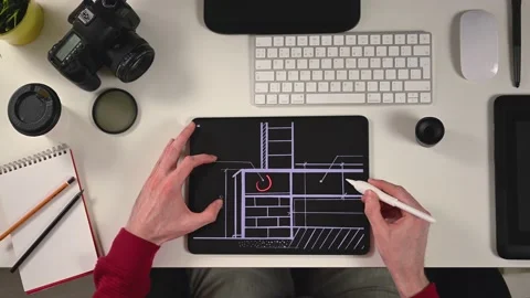 Designer working on project on tablet in office top view Stock Footage 143274297