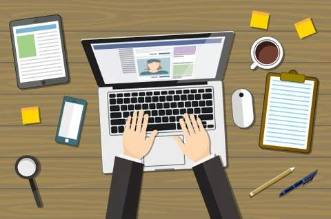 Designer workplace flat with top view woman at table and design gadgets vec.. 스톡 일러스트