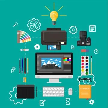 Designer workplace. Illustrator desktop with tools Stock Illustration