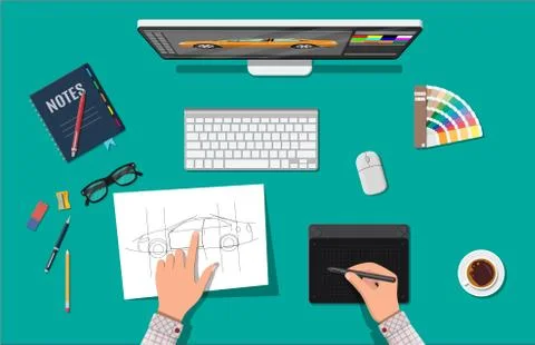 Designer workplace. Illustrator desktop with tools Stock Illustration