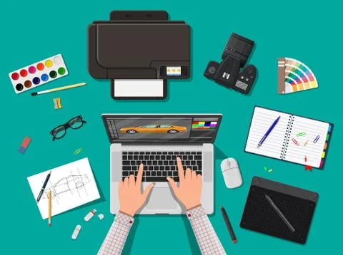 Designer workplace. Illustrator desktop with tools Stock Illustration