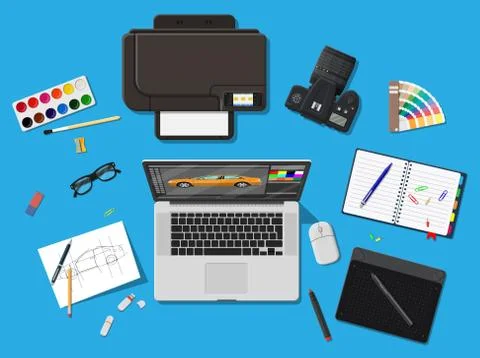 Designer workplace. Illustrator desktop with tools Stock Illustration