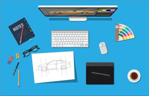 Designer workplace. Illustrator desktop with tools Stock Illustration
