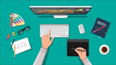 Designer workplace. Illustrator desktop with tools Stock Illustration