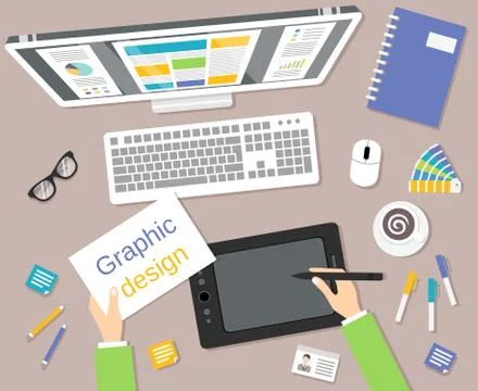 Designer workplace top view Illustrazione stock