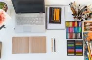 Designer Workplace Top View. Painter Desk With Drawing Equipment. Home Studio Stock Photos