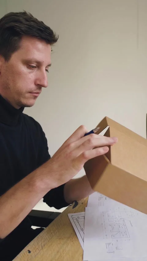 Designer works, develops packaging design using computer and drawing. Designer Video stock 308637603