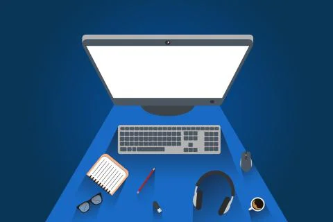 Designer Workspace Computer Top View Flat Design. Vector. Stock Illustration