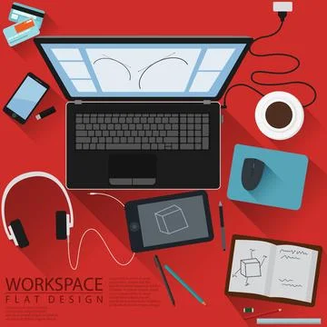 Designer Workspace Computer Top View Flat Design with Red Background, Vecto.. Stock Illustration