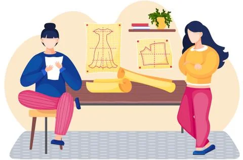Designers communicate in studio. Colleagues planning the pattern. Girls working Illustrazione stock