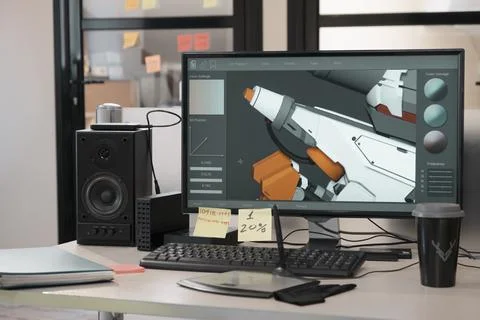 Designer's computer on table with a 3D model of a dog robot on a monitor screen Stock Photos