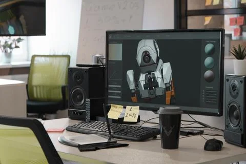 Designer's computer on table with a 3D model of a dog robot on a monitor screen Stock Photos