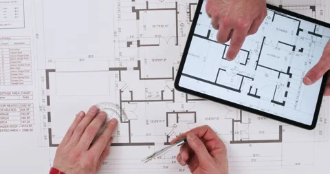 Designers control floor plan with tablet and manual tools Stockbeeldmateriaal 277562880