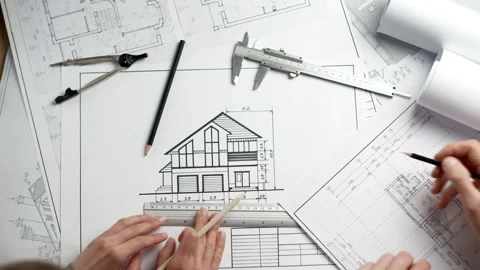 Designers develop and draw a sketch of the house. Architects are working  Stock Footage 162556515