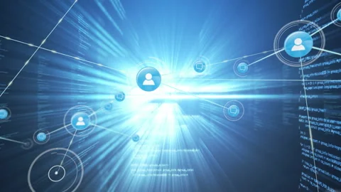 Designers exploring tech network visualization with avatar icons, code streams Stock Footage 307856709