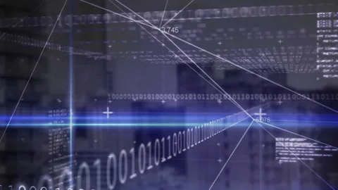 Designers exploring virtual technology data grid, with neon light beams, binary Stock Footage 309105468