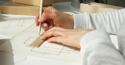 The designer's hands draw a sketch of the packaging. 4K. Stock Footage 154206914