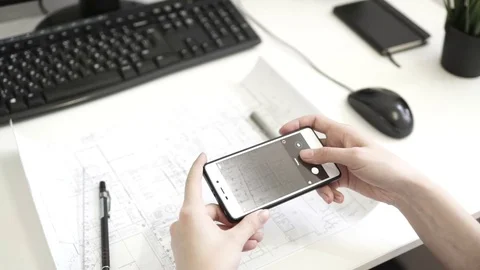 Designer's hands shooting architectural plan with phone Stock Footage 76196057