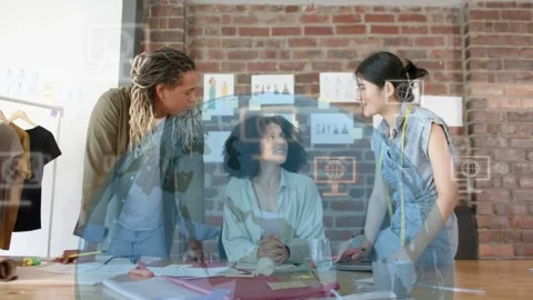 Designers leaning over table, peer gesturing and activating AR HUD for Vídeo Stock 334322105