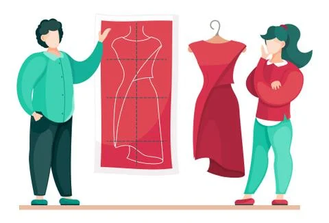 Designers looking at drawing tailor pattern and at future dress at hangers Stock Illustration