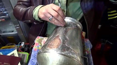 Designer's precise pencil work on a copper plate, stock footage. Stock Footage 304818070