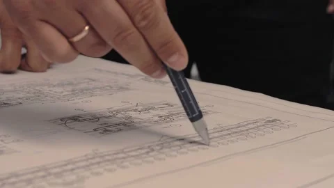 Designers put marks on the drawing with a special engineering pencil. 스톡 동영상 212381041