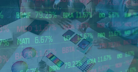 Designers swapping devices while transparent overlay updating finance % and Stock Footage 310971962