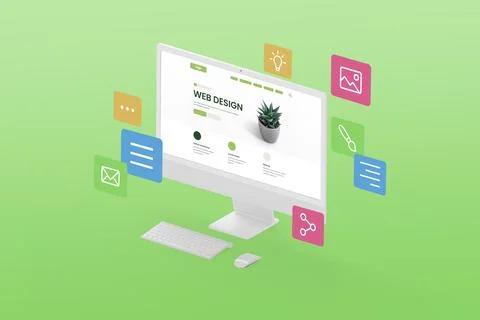 Designing a creative website concept. Display in isometric position with web  Stock Illustration