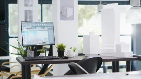 Designing office has empty desk with computer operating cad Stock Photos