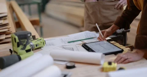 Designing some woodwork at the carpentry Stock Footage 146915194