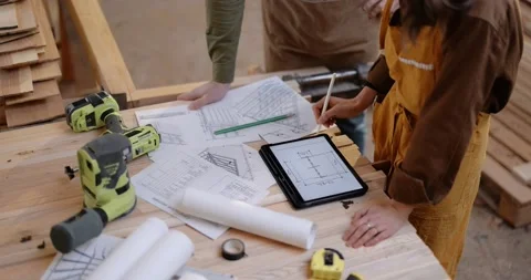 Designing some woodwork on a digital tablet Stock Footage 146914469