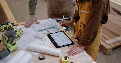 Designing some woodwork on a digital tablet Stock Footage 146914775