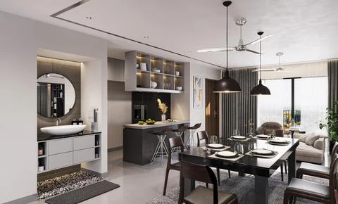 Designing a Statement Dining Room Luxury Interior with a Stunning Craft Woo.. Stock-Illustration