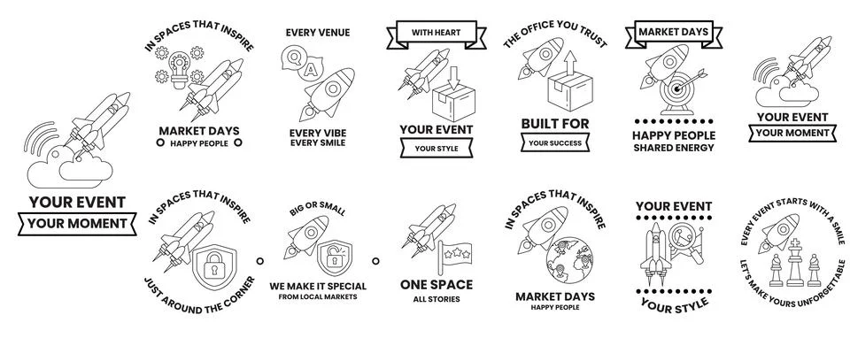 The designs include a rocket, a flag, a person, and a smiley face Stock Illustration