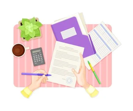 Desk Above Layout with Human Hands Signing Document with Folder and Blank-form Stock Illustration