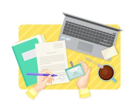 Desk Above Layout with Human Hands Signing Document with Folder and Laptop Stock Illustration