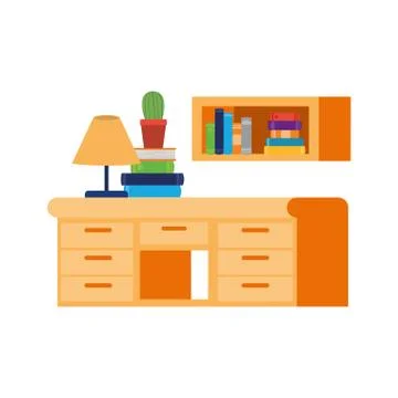 Desk and shelving with stack of books on white background 스톡 일러스트