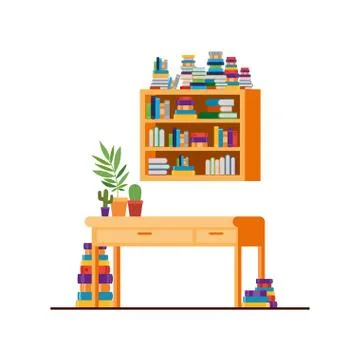 Desk and shelving with stack of books on white background 스톡 일러스트