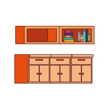 Desk and shelving with stack of books on white background 스톡 일러스트
