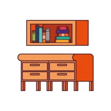 Desk and shelving with stack of books on white background 스톡 일러스트