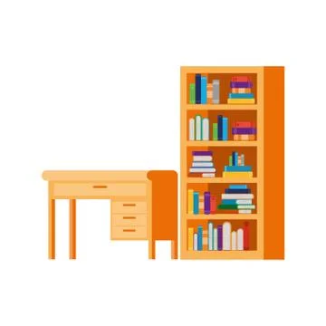 Desk and shelving with stack of books on white background 스톡 일러스트