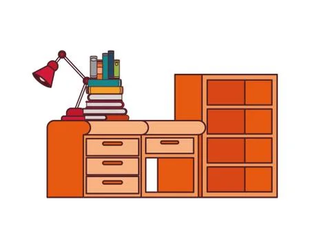Desk and shelving with stack of books on white background 스톡 일러스트