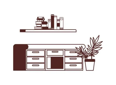 Desk and shelving with stack of books on white background 스톡 일러스트